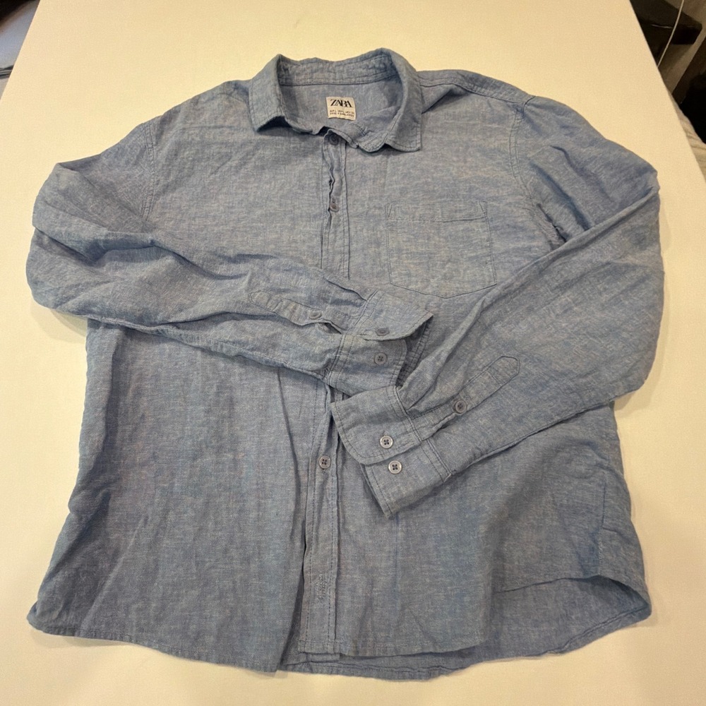 Zara Men's L Blue Linen Cotton Shirt Coastal Grandpa Quiet Luxury Button Down